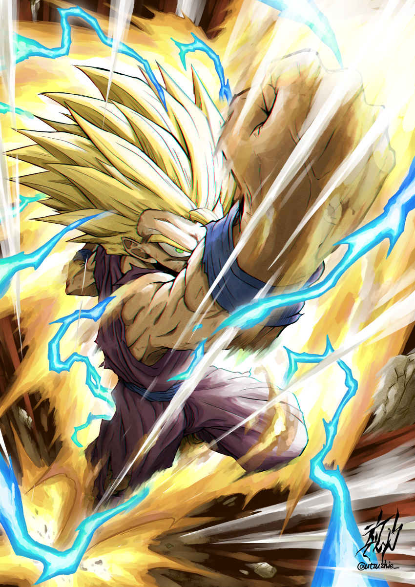 1boy absurdres aura blonde_hair clenched_hand commentary dragon_ball dragon_ball_z electricity furrowed_brow green_eyes highres liedein male_focus punching serious signature solo son_gohan speed_lines spiked_hair super_saiyan super_saiyan_2 twitter_username wristband