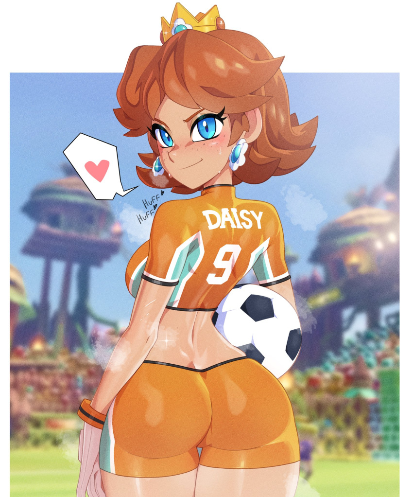 ass ball bike_shorts blue_eyes brown_hair crowd crown earrings flower_earrings freckles heart heavy_breathing highres jewelry mario_(series) mario_strikers:_battle_league minicop2001 princess_daisy soccer_ball sweat