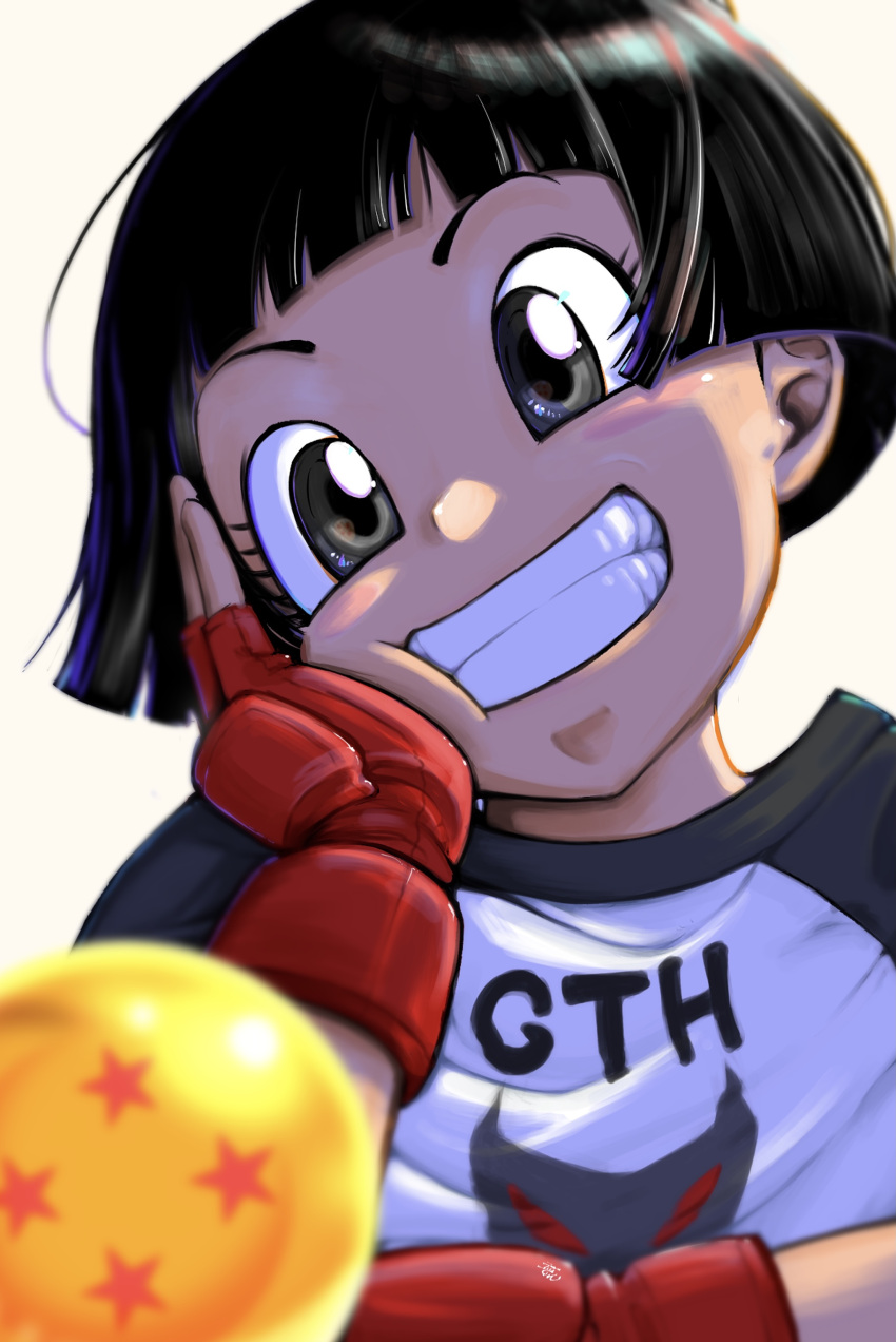 1girl absurdres black_eyes black_hair child commentary dragon_ball dragon_ball_(object) dragon_ball_super dragon_ball_super_super_hero female_child fingerless_gloves gloves grappling_gloves grin head_rest highres liedein pan_(dragon_ball) short_hair smile solo upper_body