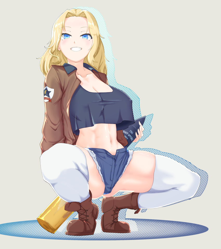 1girl absurdres black_footwear black_shirt blonde_hair blue_eyes blue_shorts boots breasts brown_jacket cleavage commentary covered_nipples crop_top crop_top_overhang cropped_shirt cutoffs denim denim_shorts emblem full_body girls_und_panzer grey_background grin hair_intakes half-closed_eyes highres holding jacket kay_(girls_und_panzer) large_breasts long_hair long_sleeves looking_at_viewer midriff military military_uniform navel nyang-kaz open_clothes open_fly open_jacket saunders_(emblem) saunders_military_uniform shirt shorts silhouette simple_background smile solo squatting star_(symbol) tank_shell thighhighs uniform white_thighhighs