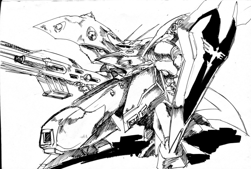 arm_shield char's_counterattack char's_counterattack_-_beltorchika's_children clenched_hand commission english_commentary gun gundam highres holding holding_gun holding_weapon ink_(medium) looking_at_viewer mecha nightingale_(gundam) no_humans one-eyed pillar_buster robot science_fiction shadow solo traditional_media weapon