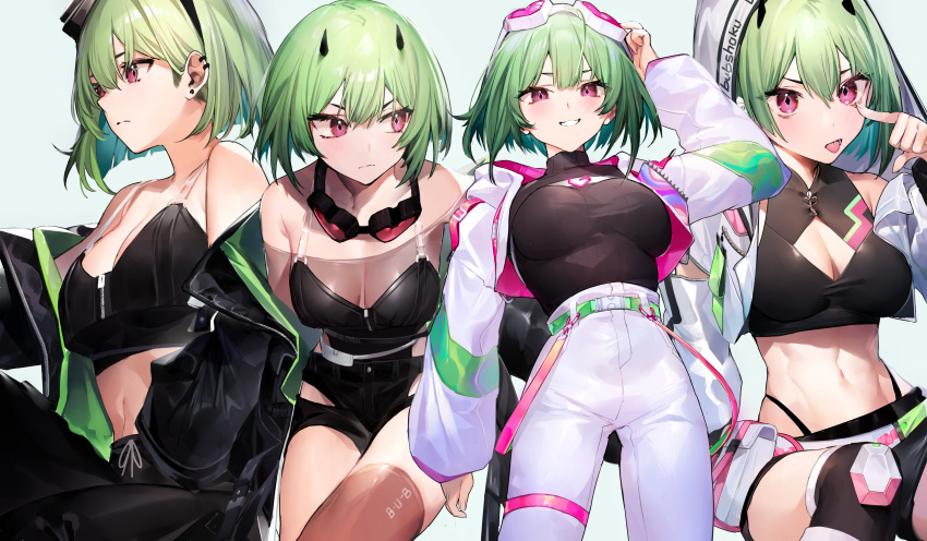1girl abs absurdres akanbe bare_shoulders belt black_jacket black_leotard black_shirt black_shorts breasts brown_thighhighs bub_shoku cleavage cleavage_cutout clothing_cutout crop_top cropped_jacket ear_piercing eyewear_on_head finger_to_eye goggles goggles_around_neck green_hair grin heart heart-shaped_eyewear highleg highres hip_vent hood hooded_jacket horns indie_virtual_youtuber jacket leotard looking_at_viewer looking_to_the_side medium_breasts midriff multiple_views navel neonbeat off_shoulder open_clothes open_jacket open_mouth pants panty_straps piercing red_eyes see-through shirt shirt_tucked_in short_hair short_shorts shorts sleeveless sleeveless_shirt smile stomach strap_gap sunglasses thighhighs thighs tongue tongue_out white_jacket white_pants
