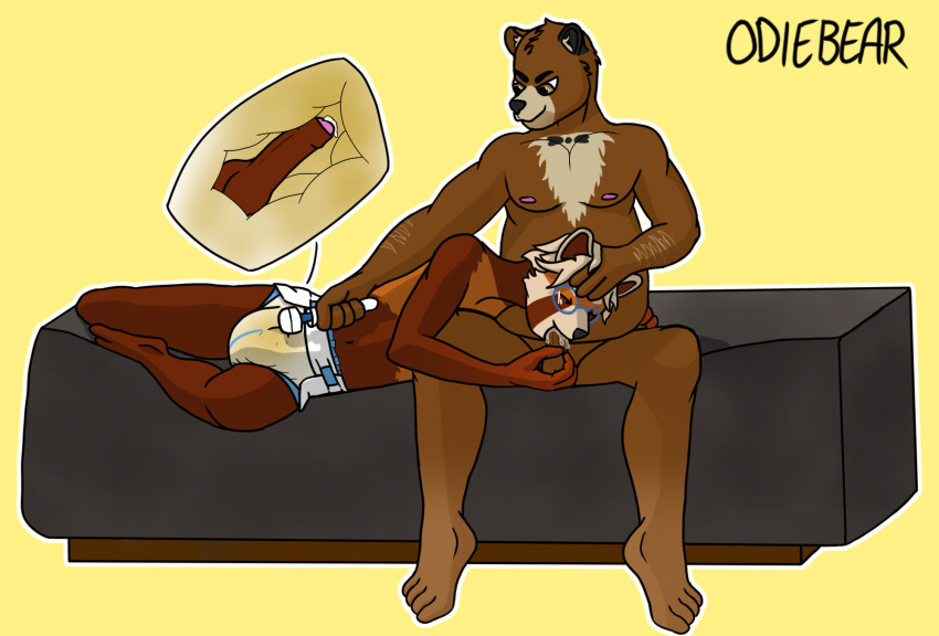 ailurid anthro bear bodily_fluids clothed clothing cum cutaway diaper duo ejaculation erection erection_in_diaper erection_under_clothing eyes_closed fellatio genital_fluids genitals hi_res male male/male mammal odie_(odiebear) odiebear oral orion_(nahtora) peeing penile penis red_panda sex sex_toy slightly_chubby urine vibrator watersports wet_diaper wetting