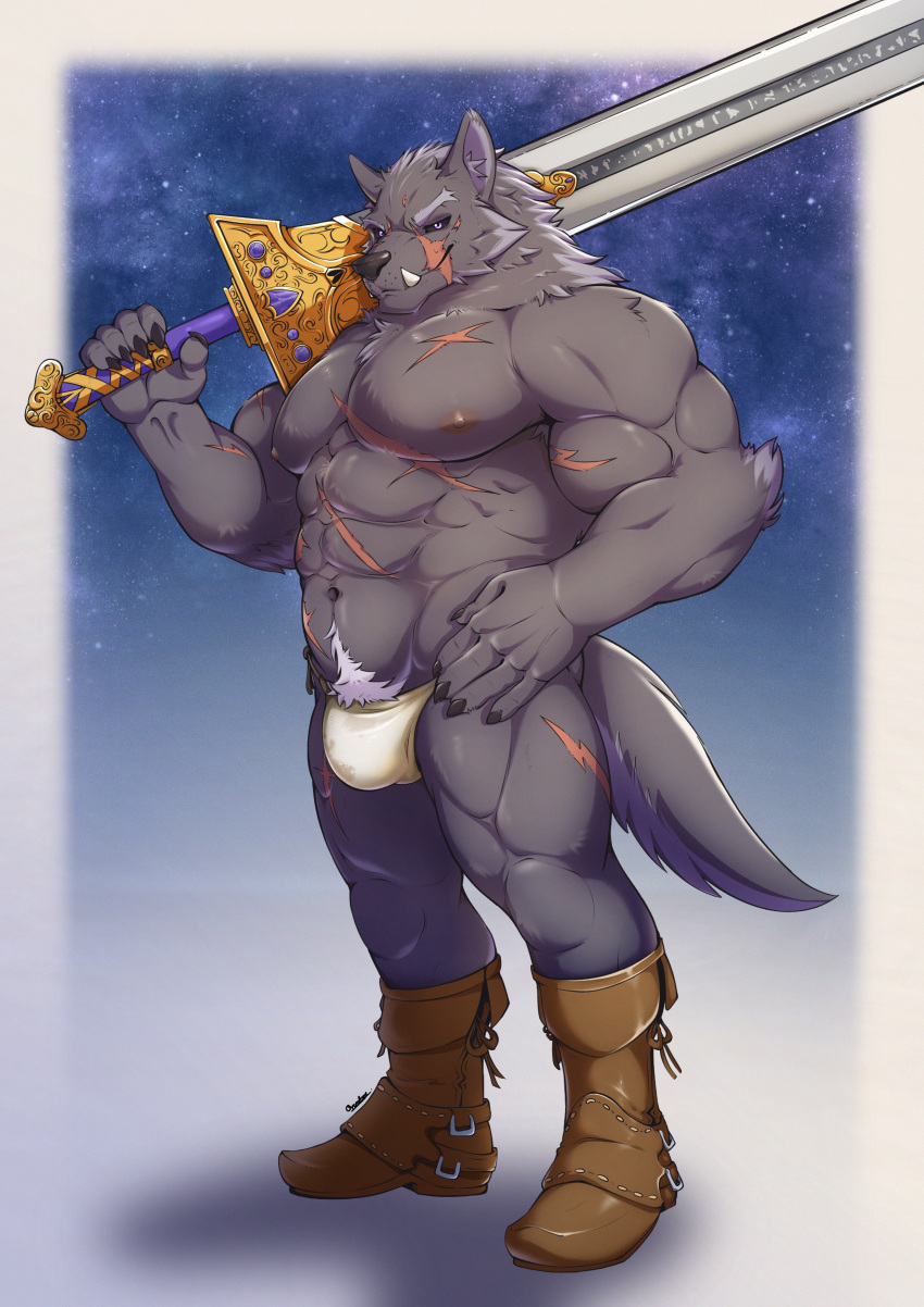 5_fingers absurd_res anthro areola black_sclera blaidd_(elden_ring) bulge canid canine canis claws elden_ring fingers fromsoftware hi_res holding_object holding_sword holding_weapon inner_ear_fluff male mammal melee_weapon muscular muscular_anthro muscular_male nipples purple_eyes sarchi_kung scar solo sword tail tuft weapon wolf