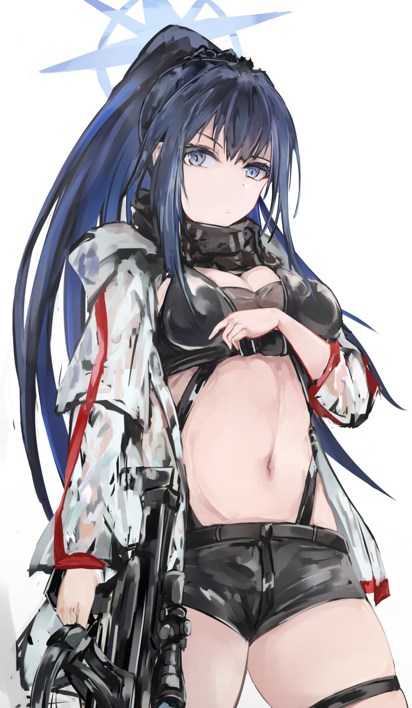 1girl absurdres arknights black_scarf black_shorts blue_archive blue_eyes blue_hair breasts cleavage commentary_request cosplay cowboy_shot crop_top crossbow highres holding holding_crossbow holding_weapon jacket kisumun large_breasts long_hair long_sleeves looking_at_viewer midriff navel open_clothes open_jacket ponytail saori_(blue_archive) scarf schwarz_(arknights) schwarz_(arknights)_(cosplay) short_shorts shorts simple_background solo standing stomach thigh_strap thighs very_long_hair weapon white_background white_jacket