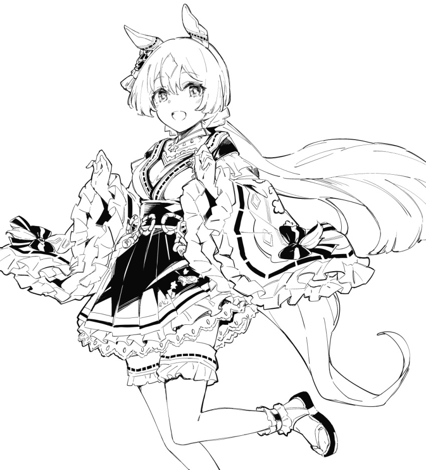 1girl animal_ears blush breasts chokin-bako_no_futa frilled_sleeves frills greyscale highres horse_ears horse_girl horse_tail japanese_clothes kimono kimono_skirt long_hair long_sleeves looking_at_viewer monochrome obi okobo open_mouth sash satono_diamond_(floral_star_prosperous_green)_(umamusume) satono_diamond_(umamusume) small_breasts smile solo standing standing_on_one_leg tabi tail thighhighs umamusume wide_sleeves