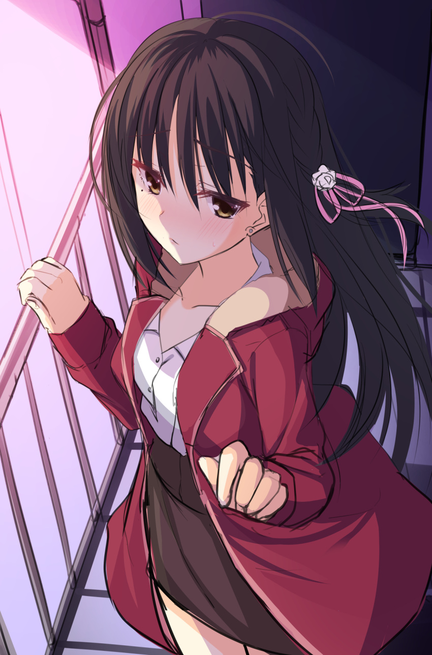 1girl aria. bangs black_hair blush braid breasts brown_skirt cafe_stella_to_shinigami_no_chou closed_mouth coat collarbone earrings embarrassed fence flower fur-trimmed_coat fur_trim hair_between_eyes hair_flower hair_ornament hair_ribbon high-waist_skirt highres jewelry long_hair looking_at_viewer mole mole_under_eye open_clothes open_coat pink_ribbon reaching_towards_viewer red_coat ribbon shiki_natsume side_braid sidelocks sketch skirt solo straight_hair stud_earrings sweat yellow_eyes yuzu-soft