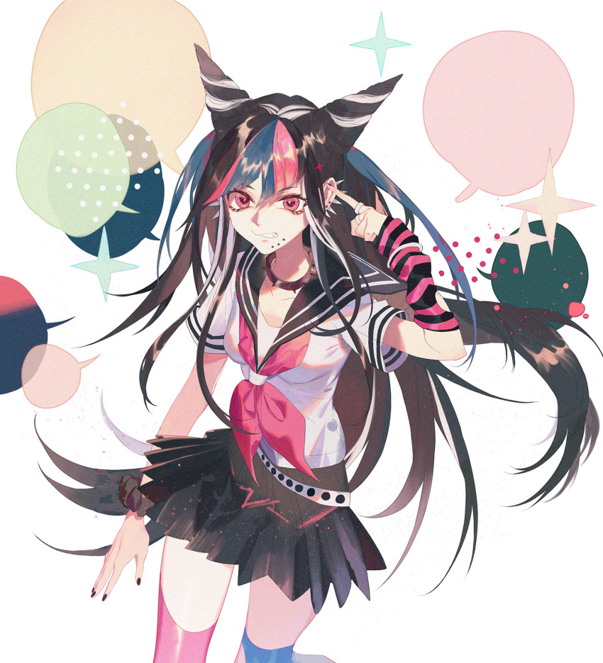 1girl arm_warmers asymmetrical_bangs asymmetrical_legwear bangs black_choker black_hair black_nails black_scrunchie black_skirt blue_hair blue_thighhighs bracelet breasts choker clenched_teeth cowboy_shot cropped_legs danganronpa_(series) danganronpa_2:_goodbye_despair dj.adonis ear_piercing eyelashes floating_hair hair_horns hand_up highres horns jewelry long_hair looking_at_viewer medium_breasts mioda_ibuki mismatched_legwear mouth_piercing multicolored_hair multiple_rings nail_polish neckerchief oni_horns parted_lips piercing pink_eyes pink_hair pink_neckerchief pink_thighhighs pleated_skirt pointing pointing_at_self ring sailor sailor_collar school_uniform scrunchie serafuku shirt short_sleeves sidelocks single_arm_warmer skirt solo sparkle speech_bubble spiked_choker spiked_ear_piercing spikes streaked_hair striped striped_arm_warmers striped_sleeves teeth thighhighs torn_arm_warmers torn_clothes torn_thighhighs white_background white_hair white_shirt wrist_scrunchie zettai_ryouiki