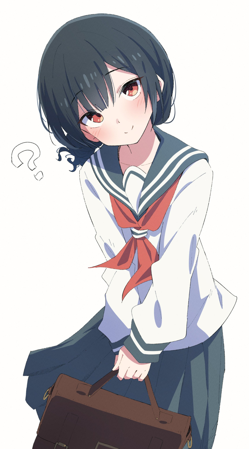 1girl ? absurdres bag black_hair black_skirt blush closed_mouth eito12 hair_bun highres holding holding_bag idolmaster idolmaster_shiny_colors long_sleeves looking_at_viewer morino_rinze neckerchief red_eyes red_neckerchief sailor_collar school_briefcase school_uniform serafuku shirt short_hair sidelocks simple_background skirt smile solo split_mouth v_arms white_background white_shirt