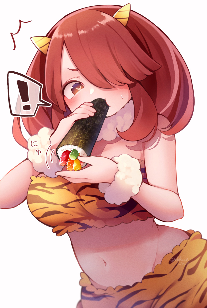 1girl alternate_costume animal_print bare_arms bare_shoulders boku_no_hero_academia breasts brown_eyes brown_hair chikuwa_savy crop_top eating food hair_over_one_eye highres komori_kinoko large_breasts makizushi medium_hair midriff navel simple_background solo stomach strapless sushi symbol-shaped_pupils tiger_print tube_top upper_body white_background x-shaped_pupils