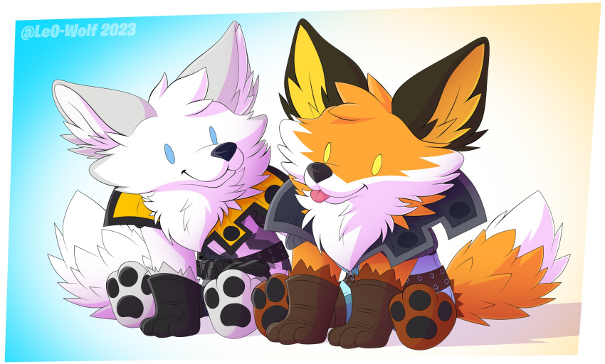 2023 anthro arctic_fox blep blue_eyes brown_body brown_fur canid canine chibi clothing digital_media_(artwork) duo epic_games fennix_(fortnite) fortnite fox fur gloves handwear hi_res leo-wolf male mammal orange_body orange_fur pawpads paws smile tongue tongue_out white_body white_fur winter_warrior_fennix yellow_eyes