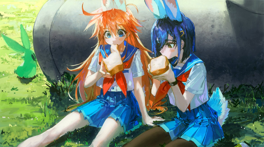 2girls animal_ears arm_support biting black_pantyhose blue_eyes blue_hair blue_sailor_collar blue_skirt blush_stickers bob_cut bread brown_eyes commentary_request day eating feet_out_of_frame flip_flappers food food_in_mouth grass hair_between_eyes hair_ornament hairclip hand_up hands_up highres holding holding_food kokomine_cocona long_hair looking_at_food looking_down messy_hair mouth_hold multiple_girls neckerchief on_grass on_ground orange_hair outdoors pantyhose papika_(flip_flappers) pleated_skirt quasarcake rabbit red_neckerchief sailor_collar school_uniform serafuku shirt short_hair short_sleeves sitting skirt tail tail_through_clothes uexkull very_long_hair watch white_shirt wristwatch