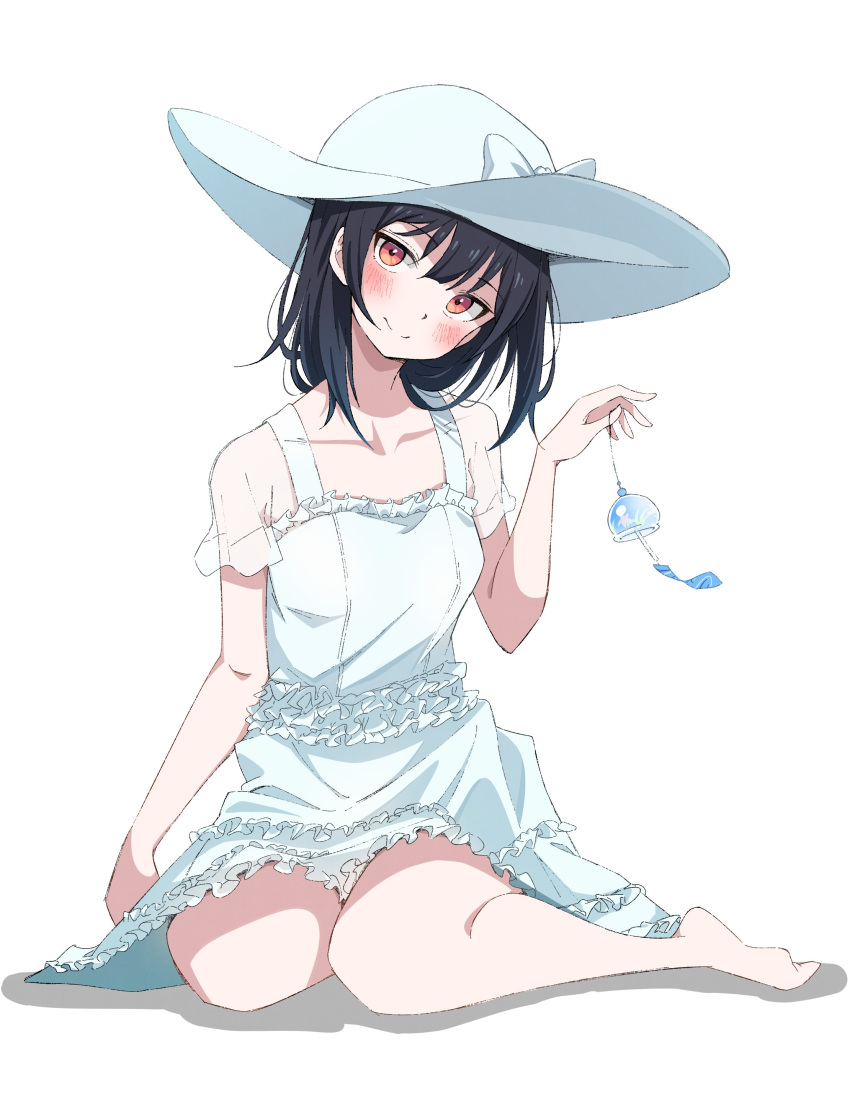 1girl absurdres bangs barefoot black_hair blush breasts closed_mouth dress eito12 frilled_dress frills full_body hat head_tilt highres holding_wind_chime idolmaster idolmaster_shiny_colors long_hair morino_rinze orange_eyes see-through see-through_sleeves short_sleeves simple_background sitting small_breasts smile solo sun_hat white_background white_dress white_headwear wind_chime