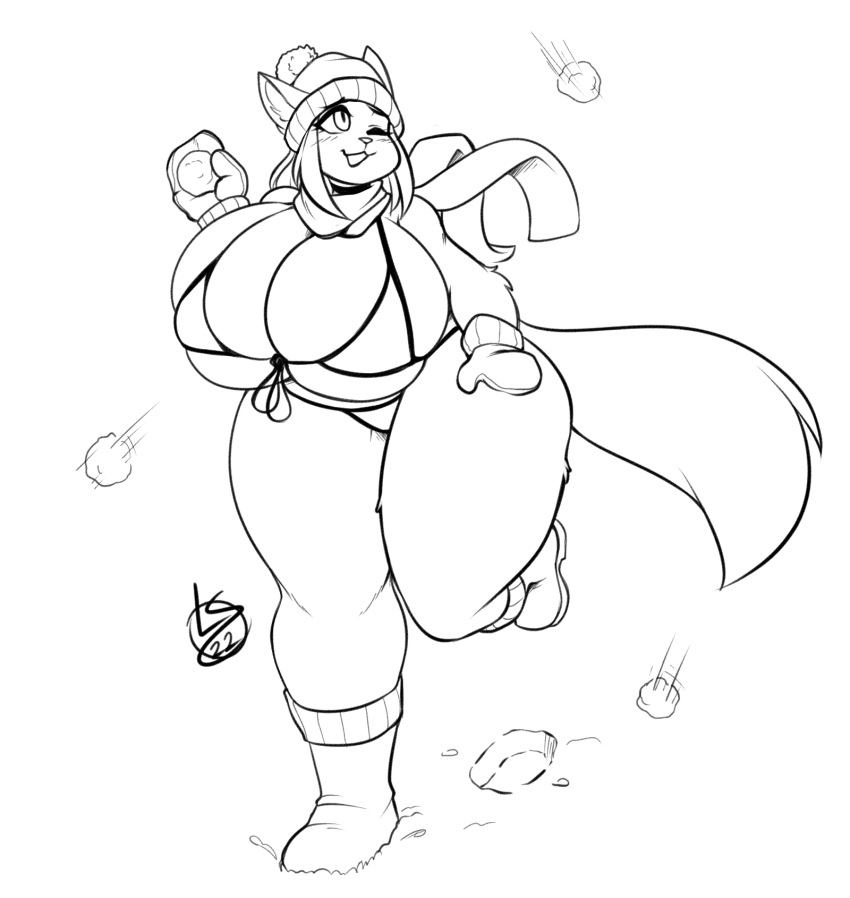 2022 anthro big_breasts blush blush_lines breasts clothing domestic_cat felid feline felis female hat headgear headwear hi_res huge_breasts huge_thighs hyper hyper_breasts lunarspy mammal monochrome one_eye_closed signature simple_background smile snow snowball snowball_fight solo text thick_thighs