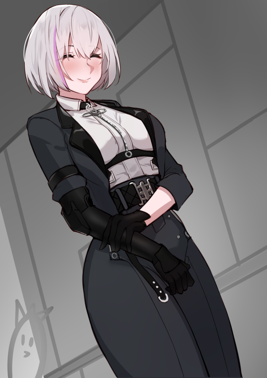 1girl absurdres belt black_belt black_gloves black_jacket black_pants black_suit blush breasts chinese_commentary closed_eyes closed_mouth collared_shirt cowboy_shot dutch_angle formal gloves grey_hair highres jacket liv_(punishing:_gray_raven) mechanical_arms medium_breasts multicolored_hair pants punishing:_gray_raven purple_hair shirt shirt_tucked_in short_hair single_mechanical_arm smile solo standing suit tiankong_pie_ai two-tone_hair underbust white_shirt wing_collar