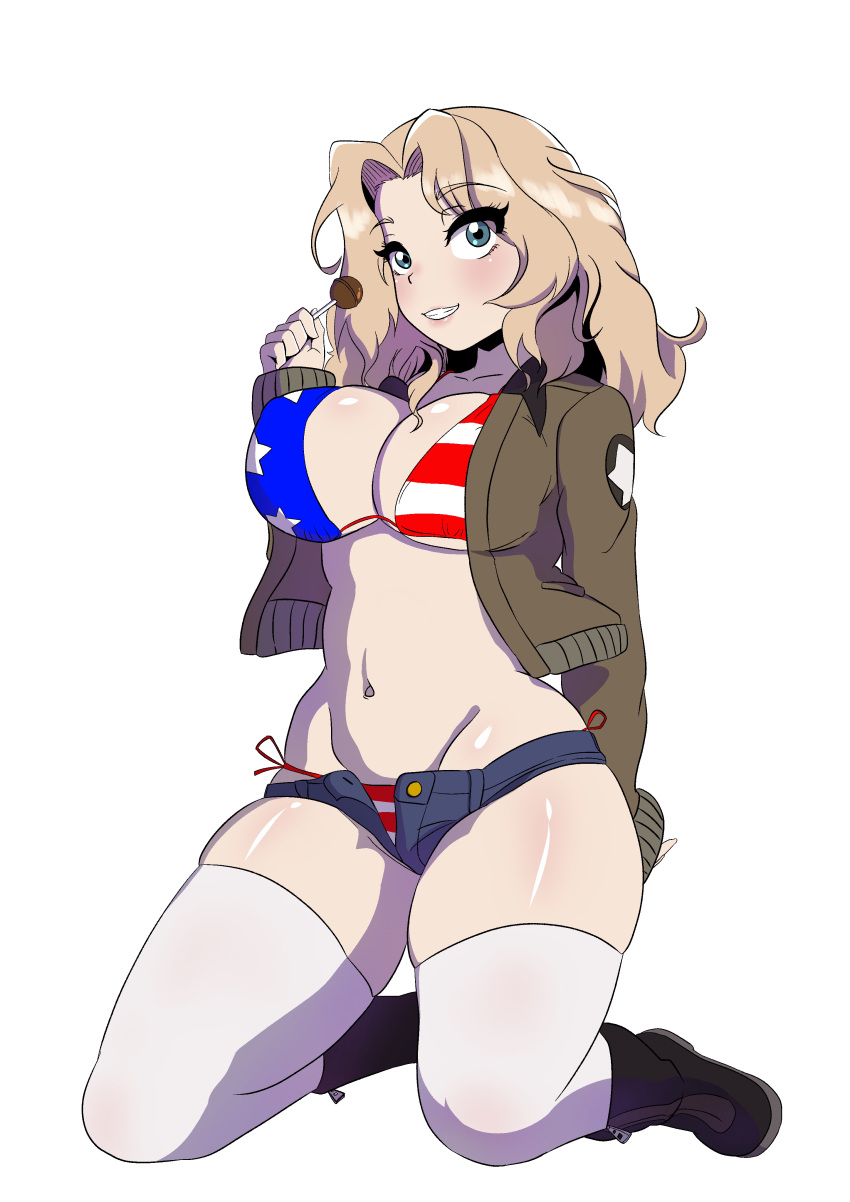 1girl absurdres american_flag_bikini arm_behind_back bikini bikini_under_clothes black_footwear blonde_hair blue_eyes blue_shorts boots breasts brown_jacket candy commentary cropped_jacket denim denim_shorts emblem flag_print food full_body girls_und_panzer grin groin hair_intakes highres holding holding_candy holding_food holding_lollipop jacket kay_(girls_und_panzer) kneeling large_breasts lollipop long_sleeves looking_at_viewer medium_hair micro_shorts military military_uniform navel no_shirt open_clothes open_fly open_jacket saunders_military_uniform shorts side-tie_bikini_bottom simple_background skindentation smile solo star_(symbol) string_bikini swimsuit tenpura32200 thighhighs uniform white_background white_thighhighs zipper