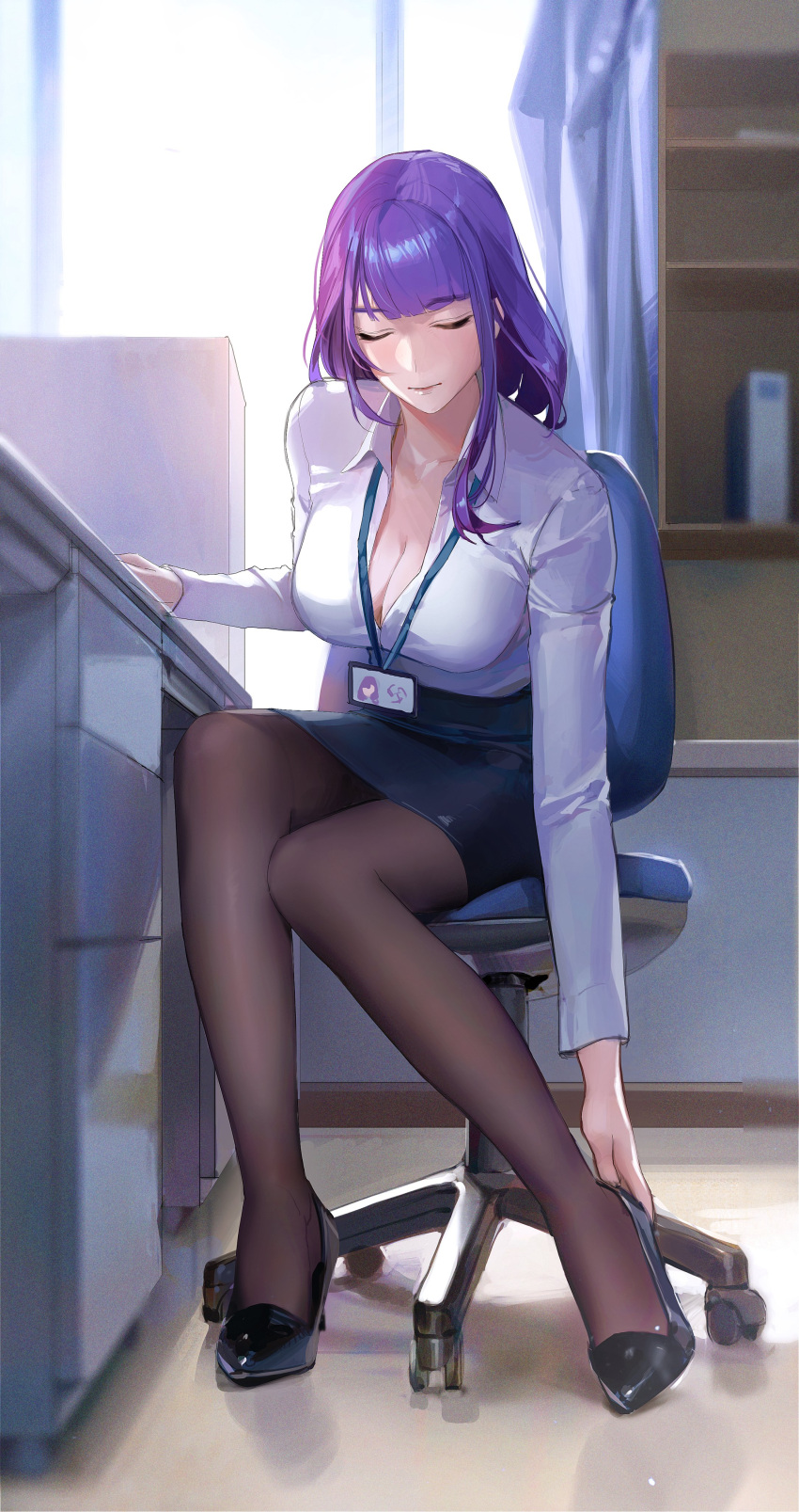 1girl absurdres adjusting_footwear bangs black_footwear blurry breasts chair cleavage closed_eyes closed_mouth collarbone collared_shirt desk genshin_impact high_heels highres id_card indoors lanyard large_breasts limart long_hair looking_at_viewer office office_chair office_lady open_clothes open_shirt pantyhose pencil_skirt purple_hair raiden_shogun shirt sitting skirt solo white_shirt window