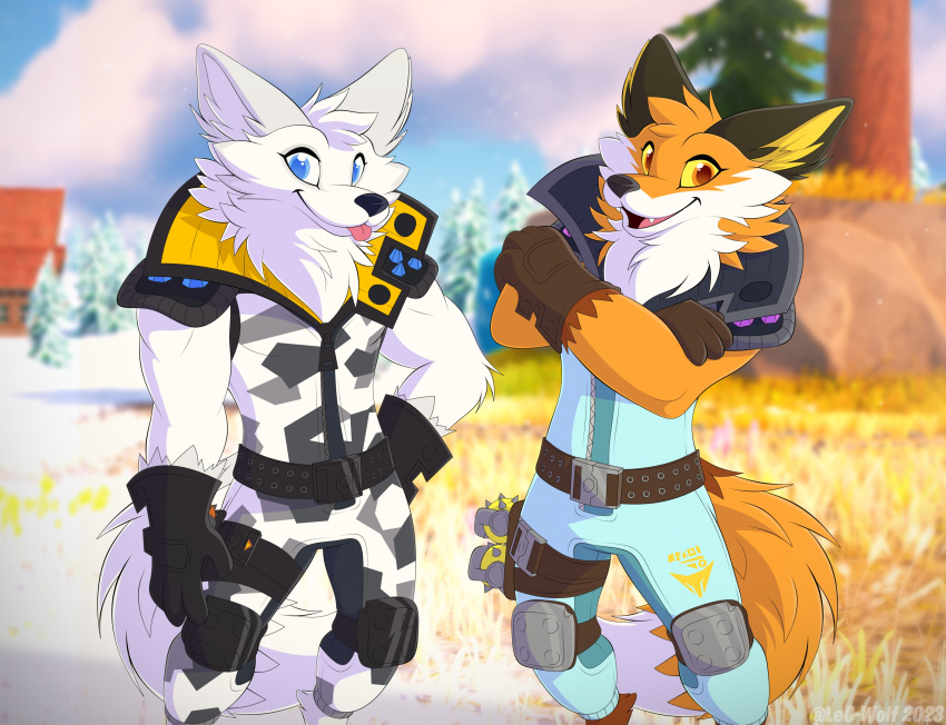 2023 absurd_res anthro arctic_fox blep blue_eyes brown_body brown_fur canid canine clothed clothing cloud crossed_arms day digital_media_(artwork) duo epic_games fennix_(fortnite) fortnite fox fully_clothed fur glistening glistening_eyes hand_on_hip hi_res leo-wolf male mammal open_mouth open_smile orange_body orange_eyes orange_fur outside plant portrait pose sky smile teeth three-quarter_portrait tongue tongue_out tree white_body white_fur winter_warrior_fennix yellow_sclera