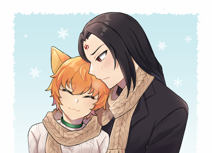 animal_ears black_hair cat_ears closed_eyes collar fire_emblem fire_emblem:_path_of_radiance fire_emblem:_radiant_dawn head_on_another's_shoulder lethe_(fire_emblem) light_blush orange_hair red_eyes scarf shared_clothes shared_scarf simple_background smile snowflakes soren_(fire_emblem) winter_clothes witchi