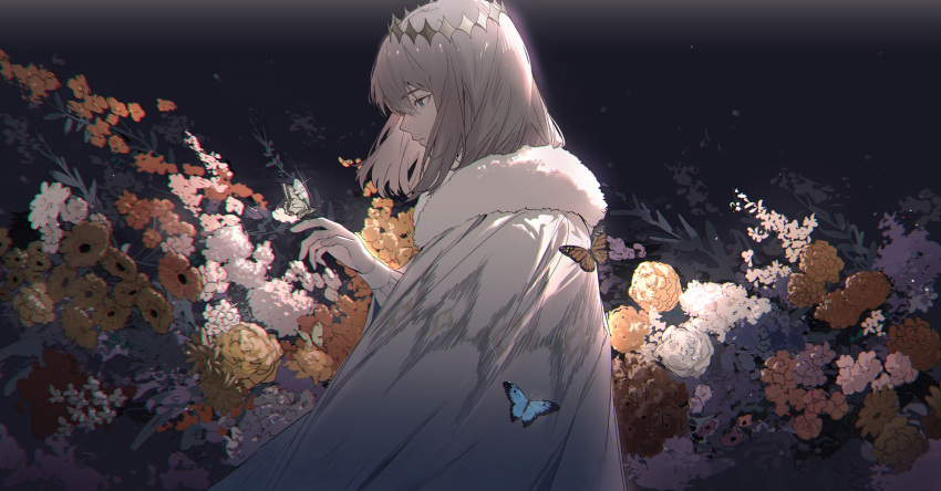 1boy bangs blue_butterfly bug butterfly butterfly_on_hand cloak closed_mouth commentary_request diamond_hairband expressionless fate/grand_order fate_(series) flower fur-trimmed_cloak fur_trim glint green_eyes grey_hair hair_between_eyes hairband hand_up highres long_sleeves male_focus medium_hair nakamura_(wmfp3834) oberon_(fate) pink_flower plant profile sidelocks solo upper_body white_cloak white_flower yellow_flower
