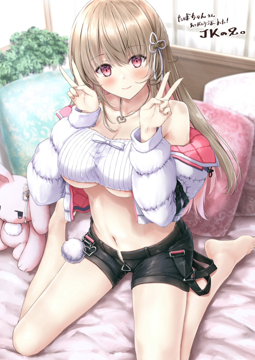 1girl ayaginu_temari bare_shoulders barefoot black_shorts breasts brown_hair commission crop_top cropped_jacket double_v flower_knot hair_ornament hand_up highres isekai_tensei_shite_v_ni_narimashita jacket jewelry jk_ssma long_hair long_sleeves looking_at_viewer medium_breasts midriff mole mole_under_eye navel necklace off_shoulder open_clothes open_fly open_jacket red_eyes second-party_source short_shorts shorts sitting skeb_commission sleeveless smile solo stomach thighs underboob v virtual_youtuber wariza white_jacket