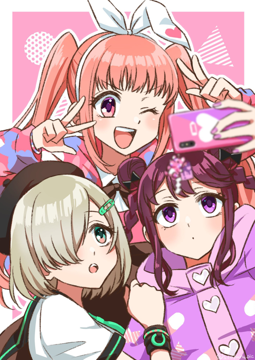 3girls animal_ears bangs blue_eyes blush bow braid cellphone_charm charm_(object) denonbu double_bun double_v grey_hair hair_bow hair_bun hair_ornament hair_over_one_eye hair_ribbon hairclip hat headband highres holding holding_phone hood hoodie inubousaki_shian jacket long_hair long_sleeves looking_at_phone minakami_hina multiple_girls one_eye_closed open_mouth orange_hair phone pink_eyes pink_hair pink_hoodie pink_nails purple_eyes purple_hair purple_hoodie rabbit_ears ribbon sakurano_mimito school_uniform selfie serafuku shiokara_(siokara_pic) shirt short_hair smile standing twin_braids twintails upper_body v wrist_cuffs