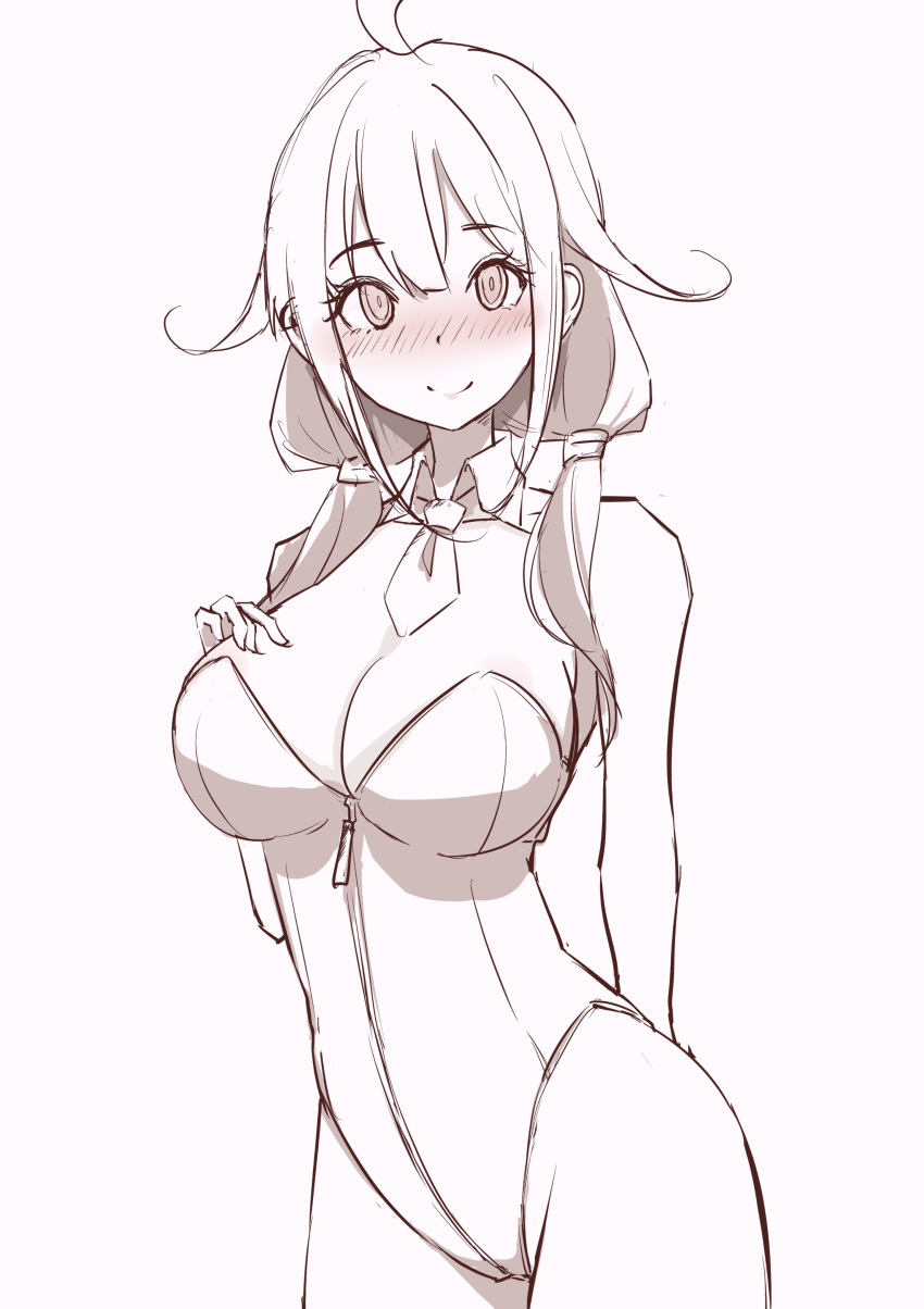 1girl @_@ absurdres ahoge alternate_costume blush breasts cowboy_shot hair_flaps highleg highleg_leotard highres kantai_collection large_breasts leotard lineart low_twintails monochrome necktie neve_(morris-minicooper) nose_blush smile solo strapless strapless_leotard taigei_(kancolle) twintails