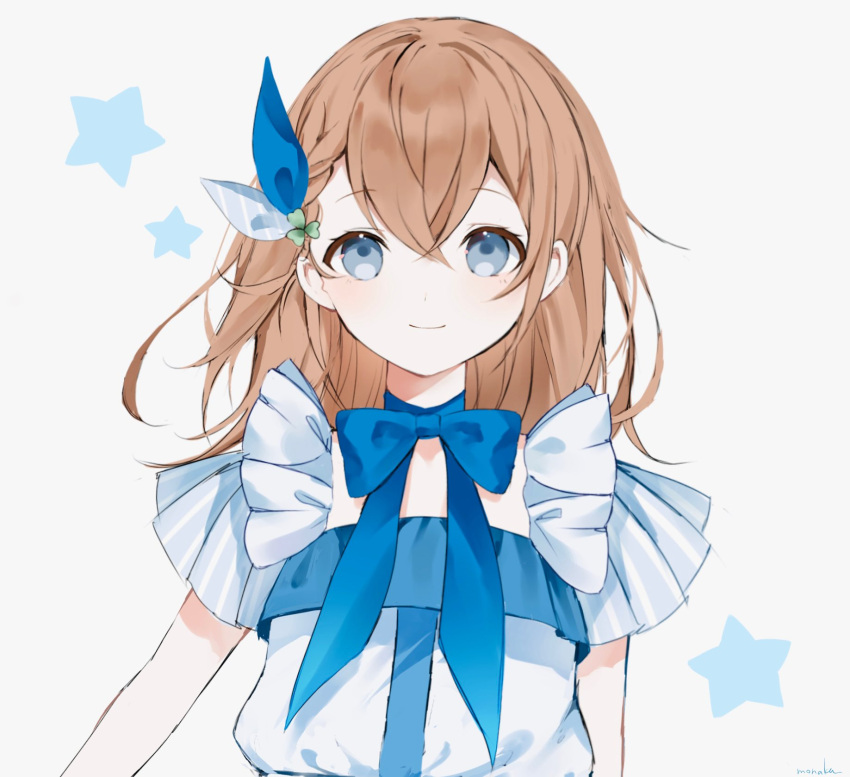 1girl arms_at_sides blouse blue_bow blue_choker blue_ribbon blue_theme bow braid brown_hair choker closed_mouth clover clover_hair_ornament diagonal-striped_bow diagonal_stripes dot_nose flat_chest grey_background grey_eyes hair_between_eyes hair_bow hair_ornament hanasato_minori highres layered_sleeves limited_palette looking_at_viewer medium_hair muted_color nirako_mona project_sekai ribbon ribbon_choker shirt short_sleeves simple_background smile solo star_(symbol) starry_background striped striped_bow striped_sleeves two-tone_bow upper_body vertical-striped_sleeves vertical_stripes white_shirt wide_sleeves