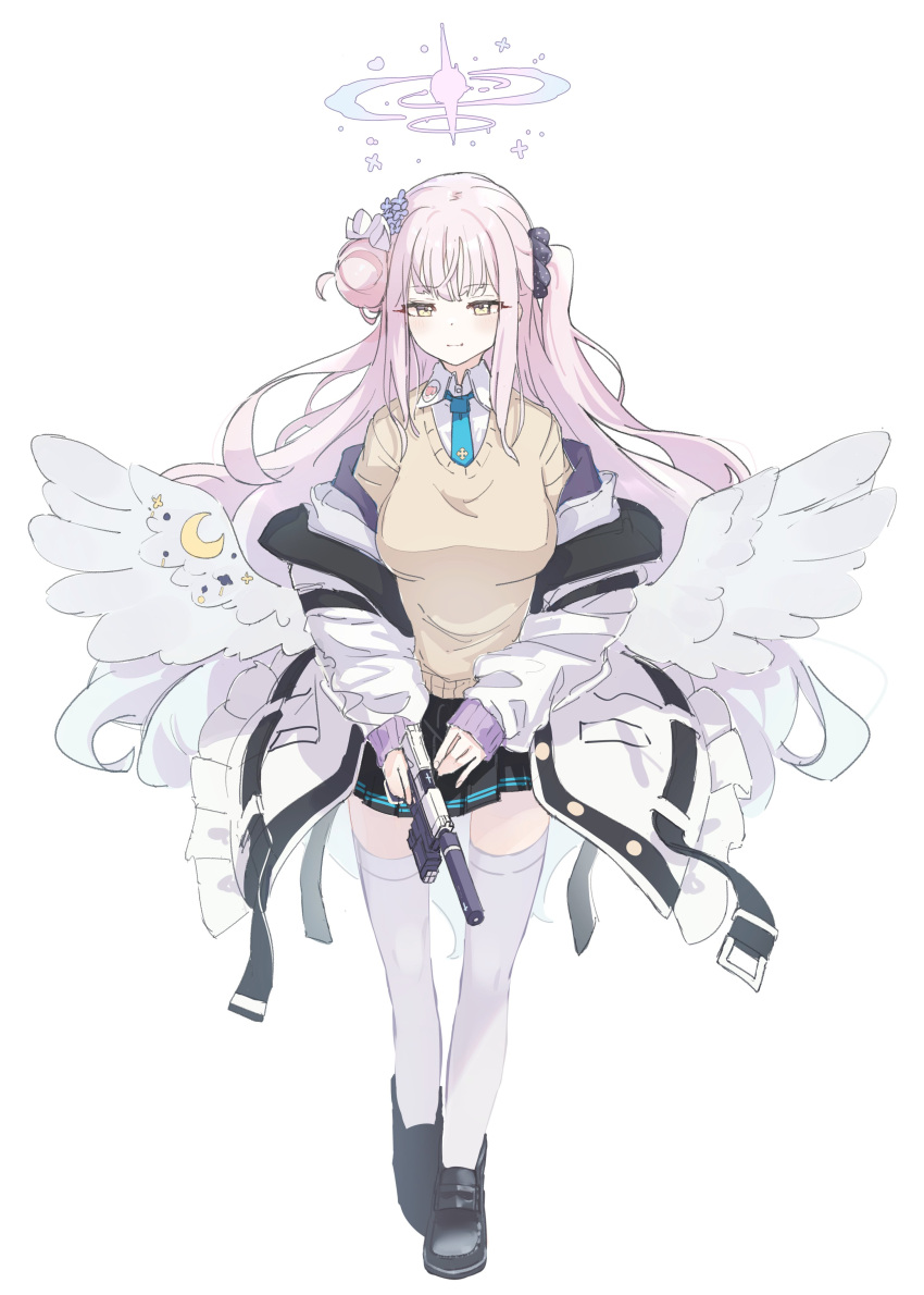 1girl absurdres black_footwear black_skirt blue_archive blue_necktie blush breasts closed_mouth coat collared_shirt flower full_body gun hair_bun hair_flower hair_ornament hair_scrunchie halo handgun highres holding holding_gun holding_weapon kilabo large_breasts loafers long_hair long_sleeves low_wings mika_(blue_archive) miniskirt necktie off_shoulder one_side_up pink_hair scrunchie shirt shoes simple_background skirt solo suppressor sweater thighhighs weapon white_background white_coat white_shirt white_thighhighs wings yellow_eyes yellow_sweater