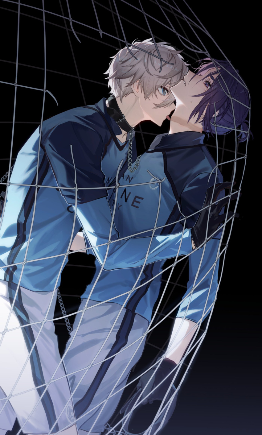 2boys bangs black_background black_collar black_eyes black_gloves blue_lock blue_shirt bright_pupils chain clothes_writing collar commentary_request cowboy_shot doran_(doran7280) gloves hair_between_eyes head_back highres holding licking licking_neck long_sleeves looking_at_another male_focus mikage_reo multicolored_clothes multicolored_shirt multiple_boys nagi_seishirou net open_mouth parted_bangs parted_lips ponytail purple_eyes purple_hair raised_eyebrows shirt short_hair short_ponytail shorts sidelocks simple_background soccer_uniform sportswear standing sweatdrop tongue tongue_out white_hair white_pupils white_shorts yaoi