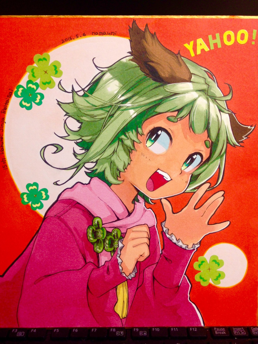 1girl animal_ears artist_name blush clover dated dog_ears dress four-leaf_clover green_eyes green_hair highres kasodani_kyouko long_sleeves namauni open_mouth photo_(medium) pink_dress shikishi short_hair signature smile solo touhou traditional_media