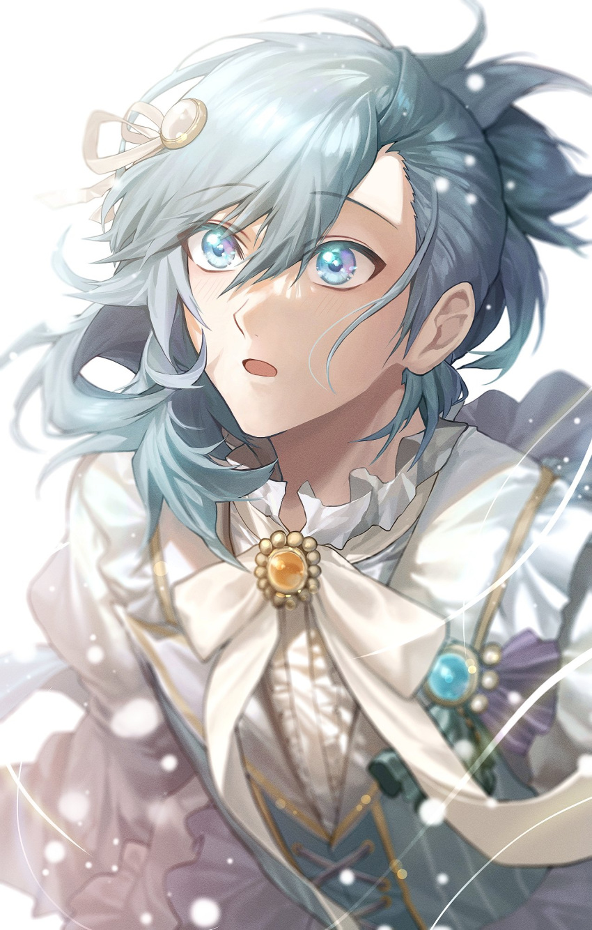 1boy :o asymmetrical_hair blue_eyes blue_gemstone blue_hair blue_vest blurry bow bowtie brooch center_frills depth_of_field frilled_shirt_collar frills gem hair_between_eyes hair_ornament highres jewelry lapel_pin light_blush light_particles long_sleeves looking_up male_focus medium_hair mikaze_ai mirusi official_alternate_costume orange_gemstone shirt short_ponytail simple_background solo sparkling_eyes upper_body uta_no_prince-sama uta_no_prince-sama:_shining_live vest waist_cape white_background white_bow white_bowtie white_shirt