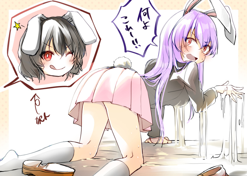 2girls absurdres all_fours animal_ears ass bangs black_hair black_jacket blush breasts bright_pupils brown_footwear commentary_request foot_out_of_frame glue glue_trap hair_between_eyes highres inaba_tewi jacket kinese_(katasutorohu) long_hair long_sleeves looking_back medium_breasts multiple_girls one_eye_closed open_mouth pink_hair pink_skirt rabbit_ears rabbit_girl rabbit_tail red_eyes reisen_udongein_inaba shoes short_hair skirt socks star_(symbol) tail touhou translation_request very_long_hair white_pupils white_socks