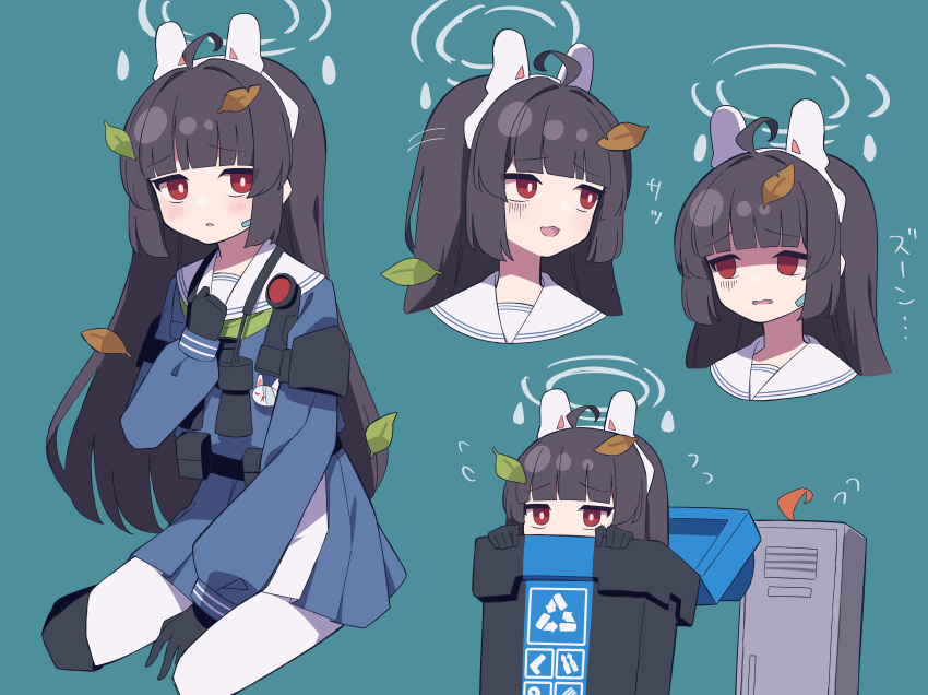 1girl absurdres animal_ear_headphones animal_ears binoculars black_hair blue_archive blue_background blush commentary_request depressed fake_animal_ears gloves halo headphones highres hime_cut leaf long_hair looking_at_viewer miyu_(blue_archive) open_mouth red_eyes school_uniform simple_background solo trash_can uhouhogorigori