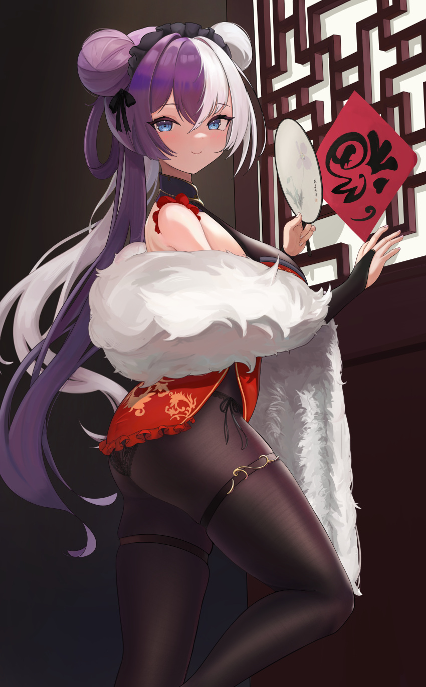 1girl absurdres ayun azur_lane black_pantyhose breasts bridal_gauntlets china_dress chinese_clothes cone_hair_bun double_bun dress feather_boa hair_bun hand_fan highres holding holding_fan leg_up long_hair looking_at_viewer medium_breasts multicolored_hair official_alternate_costume panties pantyhose purple_eyes purple_hair smile split-color_hair string_panties thigh_strap two-tone_hair underwear white_hair ying_swei_(azur_lane) ying_swei_(frolicking_flowers_verse_i)_(azur_lane)