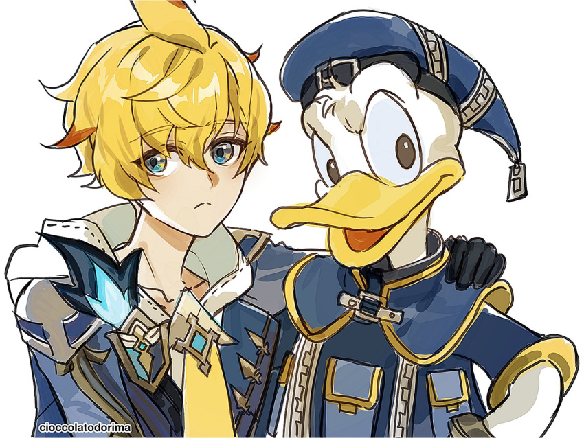 2boys :&lt; ahoge arm_around_shoulder bird black_gloves blonde_hair blue_capelet blue_eyes blue_headwear blue_jacket capelet cioccolatodorima commentary crossover donald_duck duck english_commentary genshin_impact gloves hair_between_eyes hand_on_another's_shoulder hat highres hood hood_down jacket kingdom_hearts looking_at_viewer male_focus mika_(genshin_impact) multiple_boys necktie pocket shirt short_hair simple_background smile white_background white_shirt yellow_necktie zipper