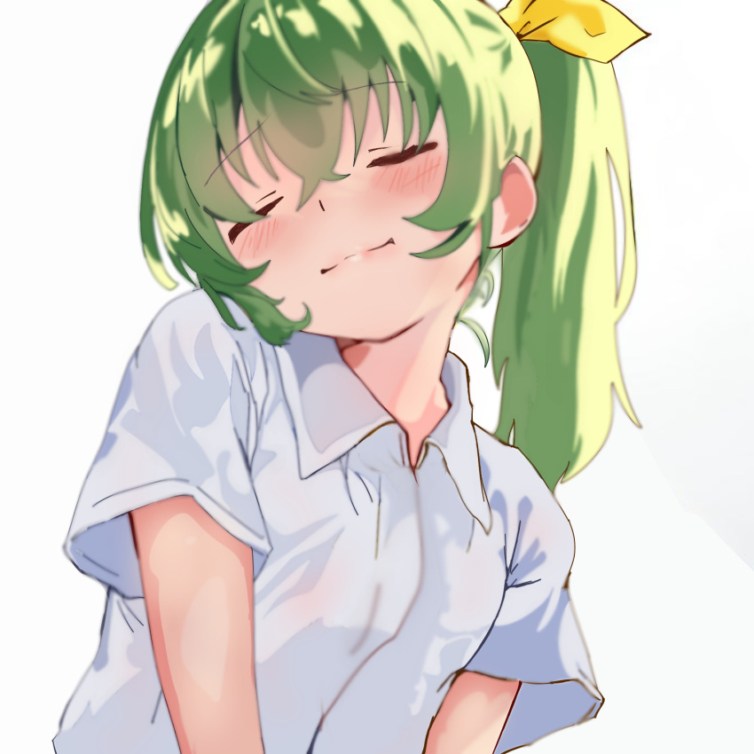 1girl bad_link blush bow closed_eyes closed_mouth collared_shirt cookie_(touhou) daiyousei diyusi_(cookie) green_hair hair_between_eyes hair_bow head_tilt highres ponytail shirt short_sleeves simple_background solo touhou upper_body white_background white_shirt yellow_bow