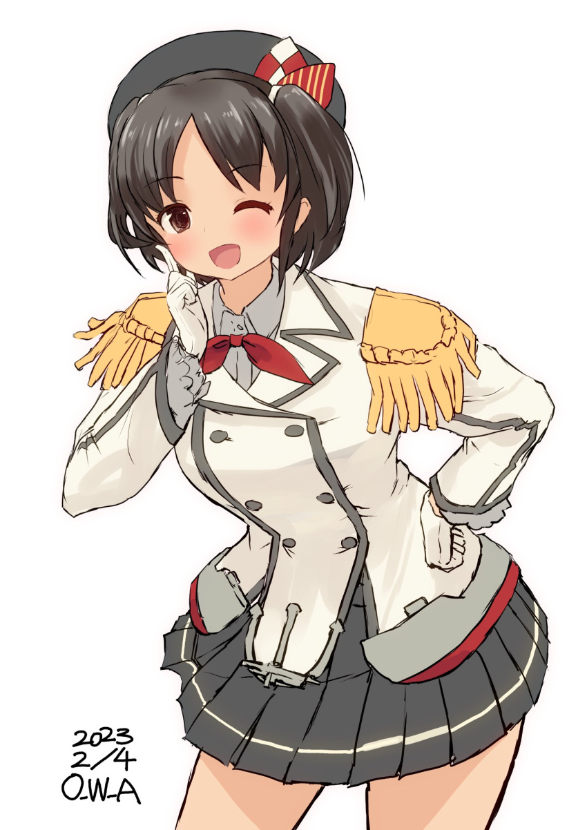 1girl artist_name beret black_hair black_headwear breasts brown_eyes cosplay cowboy_shot dated epaulettes frilled_sleeves frills gloves grey_skirt hat highres jacket kantai_collection kashima_(kancolle) kashima_(kancolle)_(cosplay) large_breasts long_sleeves military military_jacket military_uniform miniskirt nagara_(kancolle) neckerchief one-hour_drawing_challenge one_eye_closed one_side_up owa_(ishtail) pleated_skirt red_neckerchief short_hair skirt solo standing uniform white_gloves white_jacket