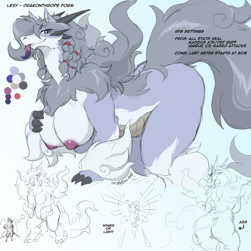 2021 anthro areola breasts color_swatch colored countershading dragon english_text excalibur_(zerofox) female fur furred_dragon hair hi_res horn nipples scalie signature size_difference text tongue tongue_out western_dragon white_body white_countershading zerofox1000