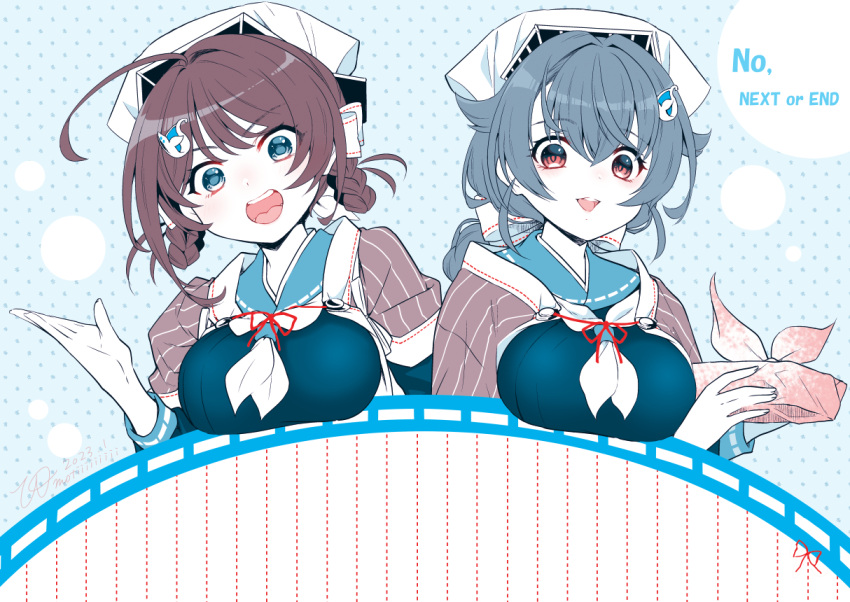 2girls ahoge bangs black_hair blue_eyes blue_sailor_collar blue_serafuku blush breasts brown_hair brown_shawl chougei_(kancolle) hair_between_eyes hair_ornament hina-uta holding jingei_(kancolle) kantai_collection large_breasts long_hair long_sleeves looking_at_viewer multiple_girls neckerchief open_mouth red_eyes sailor_collar school_uniform serafuku shawl short_hair smile white_neckerchief