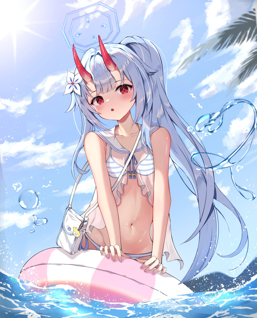 1girl absurdres bag bangs bikini blue_archive blue_hair blue_sky breasts chise_(blue_archive) chise_(swimsuit)_(blue_archive) cloud cloudy_sky feet_out_of_frame flower hair_flower hair_ornament halo highres horns innertube jjonaeng1020 long_hair looking_at_viewer navel ocean official_alternate_costume oni_horns open_mouth ponytail red_eyes sailor_collar shoulder_bag sidelocks sky small_breasts solo splashing standing stomach striped striped_bikini swim swimsuit very_long_hair