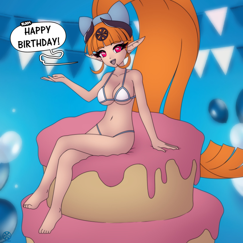 2023 absurd_res angel big_breasts bikini birthday bloom_(vrabo) breasts cake clothing dessert dialogue elf eyelashes female food hair hi_res horn humanoid hybrid long_hair looking_at_viewer smile smiling_at_viewer solo speech_bubble succubus swimwear text vrabo