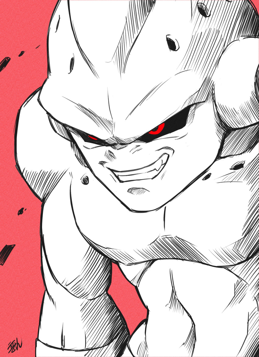 1boy absurdres commentary_request dragon_ball dragon_ball_z evil_grin evil_smile grin hatching_(texture) highres hunched_over kid_buu liedein majin_buu male_focus monochrome red_background red_eyes signature smile solo spot_color upper_body