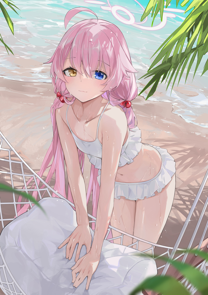 1girl :3 ahoge arm_support bangs bare_arms bare_shoulders beach beads bikini blue_archive blue_eyes breasts collarbone commentary_request dema_hmw frilled_bikini frills hair_beads hair_flaps hair_ornament halo hammock heterochromia highres hoshino_(blue_archive) hoshino_(swimsuit)_(blue_archive) leaning_forward long_hair looking_at_viewer low_twintails navel official_alternate_costume outdoors palm_leaf pillow pink_hair shadow small_breasts smile solo sparkle stomach swimsuit thighs twintails very_long_hair water wet wet_hair white_bikini yellow_eyes