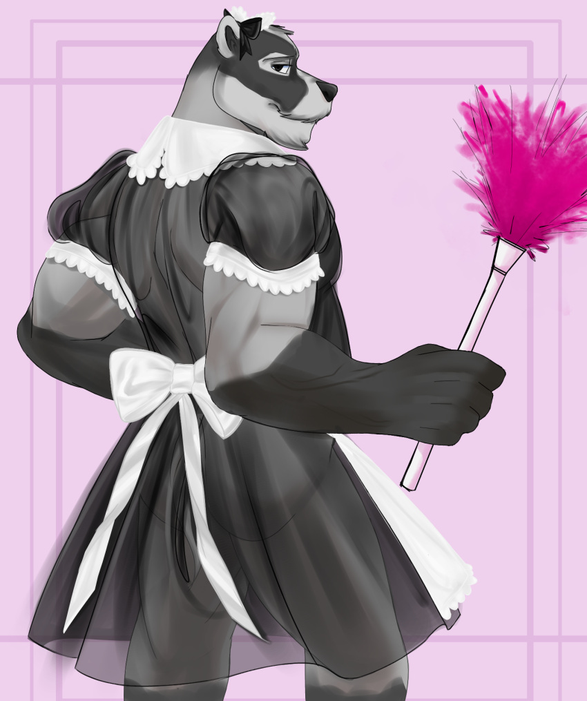 anthro badger black_eyes butt cleaning_tool clothing echo_(series) echo_project european_badger feather_duster grey_body hi_res jewelry maid_uniform male mammal meles muscular muscular_male mustelid musteline nikolai_(the_smoke_room) nude pink_background rear_view simple_background solo the_smoke_room translucent translucent_clothing uniform unknown_artist