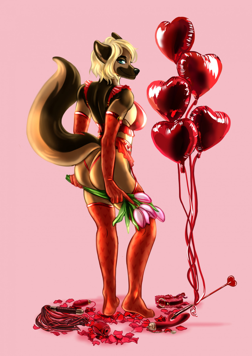 &lt;3 2023 anthro armwear balloon big_breasts big_butt black_nose blonde_hair bra breasts brown_body brown_fur butt canid canine canis cinnameana clothing collar domestic_dog dora_schutzhund elbow_gloves female flower flower_petals fur garter_straps german_shepherd gloves green_eyes hair handwear heart_balloon herding_dog hi_res holding_flower holding_object holidays inflatable legwear lingerie looking_at_viewer looking_back looking_back_at_viewer mammal pastoral_dog petals pink_background plant rear_view red_armwear red_bra red_clothing red_collar red_elbow_gloves red_gloves red_handwear red_legwear red_lingerie red_thigh_highs red_thong red_underwear rose_(flower) rose_petals sex_toy simple_background solo standing thigh_highs thong underwear valentine's_day vibrator whip