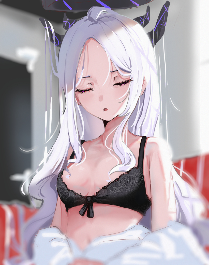 1girl absurdres ahoge black_bra blue_archive blurry blurry_background bra breasts closed_eyes clothes_pull forehead halo highres hina_(blue_archive) horns lace-trimmed_bra lace_trim long_hair multiple_horns saliva shirt shirt_pull sleepy small_breasts solo sstthei underwear upper_body very_long_hair white_hair white_shirt
