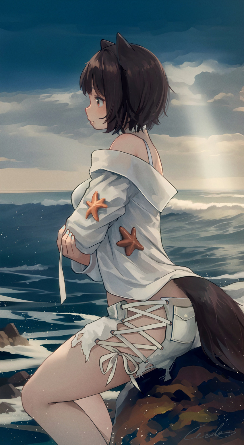 1girl absurdres animal_ears arknights ass bare_shoulders black_hair blue_sky brown_eyes commentary_request feet_out_of_frame highres jacket official_alternate_costume outdoors roberta_(arknights) roberta_(summer_flowers)_(arknights) short_hair short_shorts shorts sitting sky solo tail thighs welt_(kinsei_koutenkyoku) white_jacket white_shorts