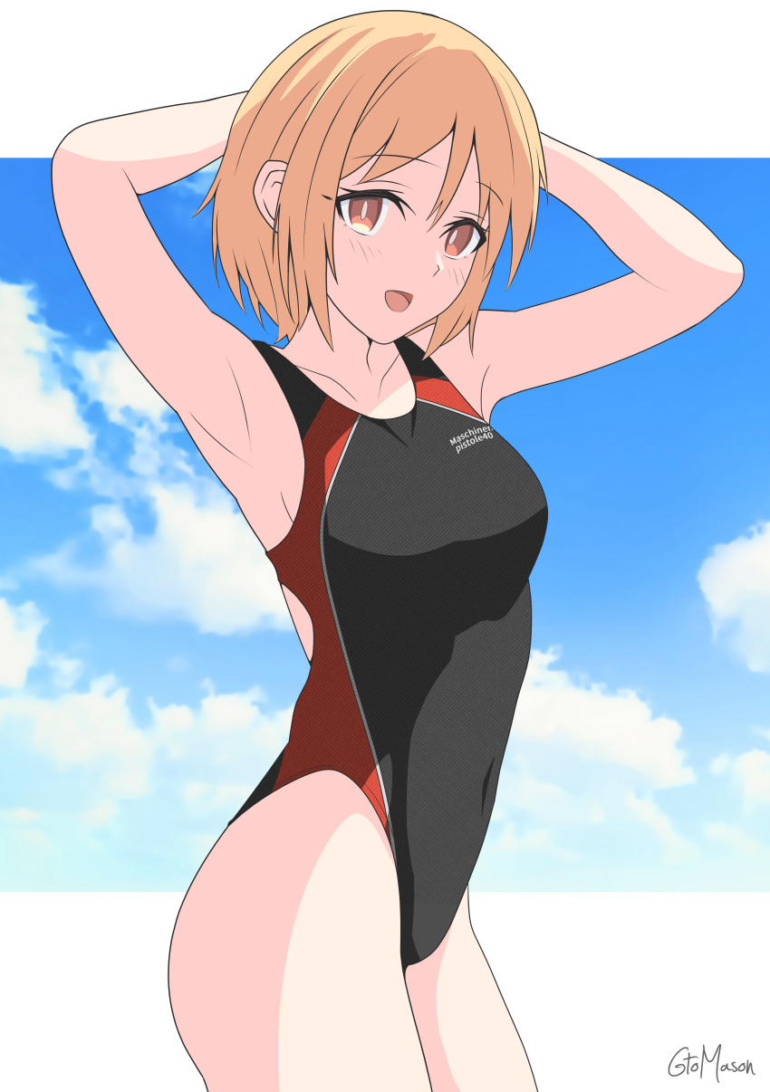 1girl absurdres armpits arms_behind_head artist_name black_one-piece_swimsuit blonde_hair breasts brown_eyes cloud cloudy_sky collarbone commission covered_navel cowboy_shot girls'_frontline gotoo highres looking_at_viewer mp40_(girls'_frontline) non-web_source one-piece_swimsuit open_mouth short_hair skeb_commission sky smile solo swimsuit