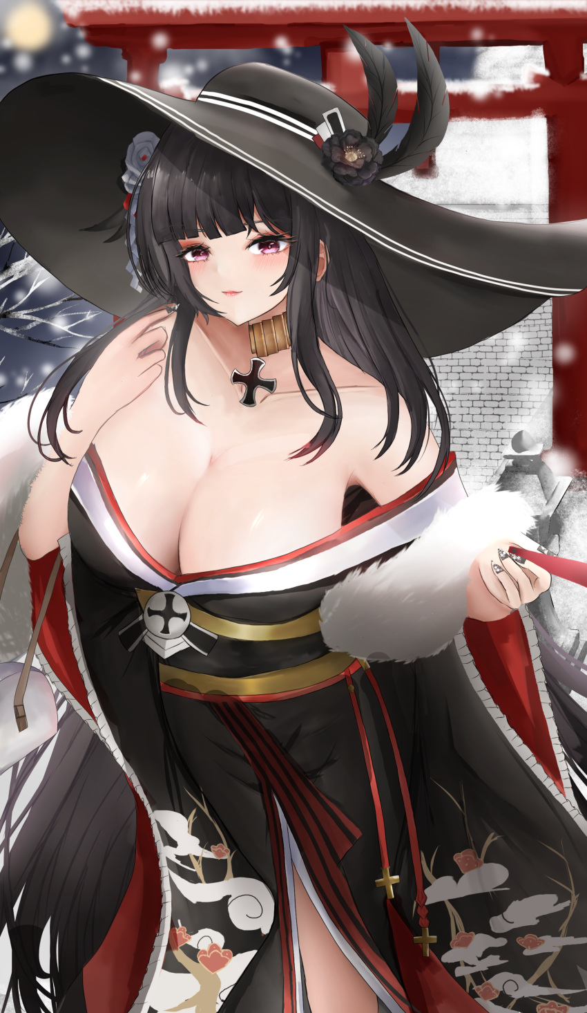 1girl absurdres azur_lane black_eyes black_feathers black_headwear black_kimono black_sash breasts cowboy_shot cross cross_necklace feather_boa feathers folded_fan folding_fan hand_fan hat hat_feather highres hime_cut holding holding_fan huge_breasts iron_cross japanese_clothes jewelry kimono long_hair looking_at_viewer necklace official_alternate_costume outdoors peter_strasser_(azur_lane) peter_strasser_(chronos's_kalendae)_(azur_lane) rei_tuki sash snow snowing solo sun_hat
